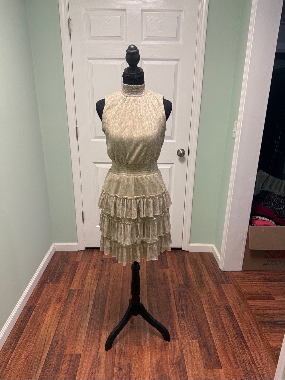 MSK Shimmery Gold Tiered Ruffle Mini Dress